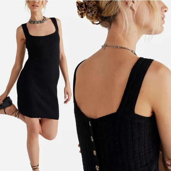 Free People Beach Short and Sweet Mini Dress Size M Black Ribbed Knit Button NEW - Picture 4 of 14